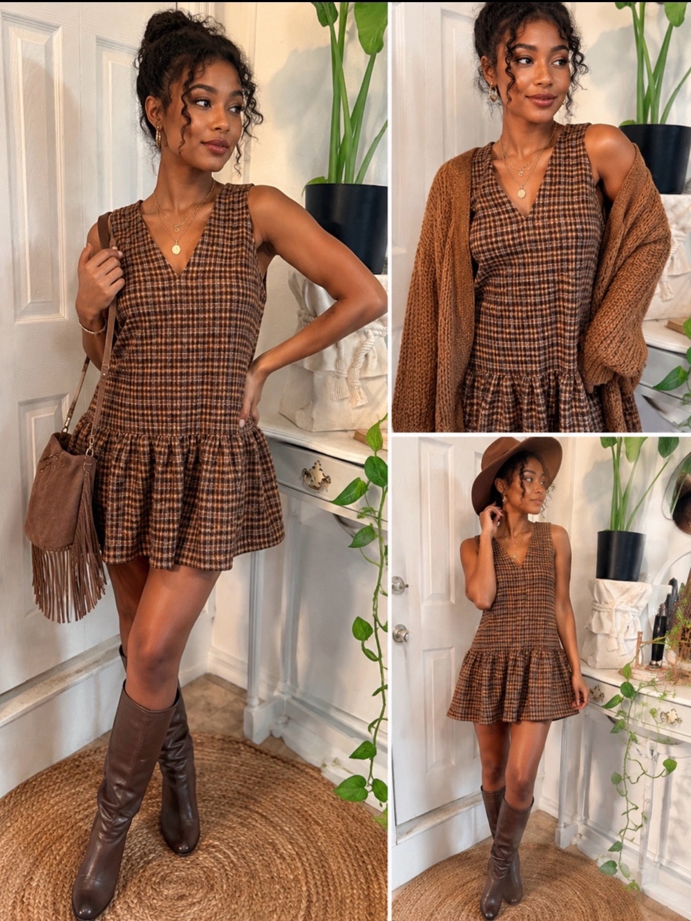 VTG Fall Dark academia 90s Preppy Cider Brown Plaid V-Neck Ruffle Hem Mini Dress - Picture 2 of 7